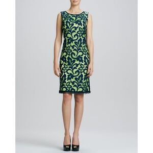 Elie Tahari‎ Women's Sleeveless Lace Sheath Dress Navy Blue neon Green Size 0